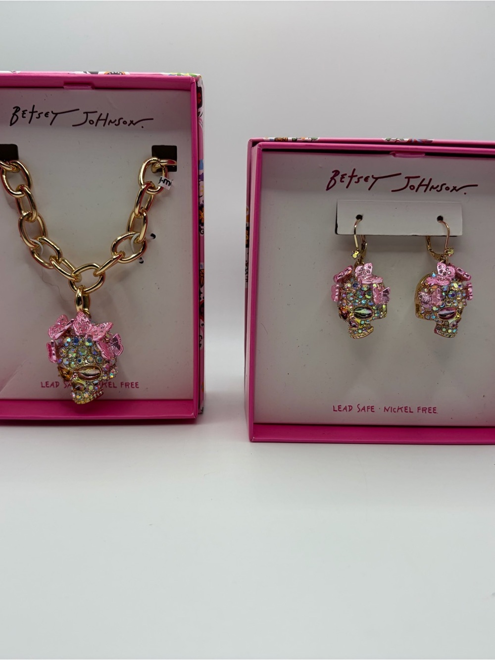 Betsey Johnson Gold-Tone Pink Crystal Skull Necklace & Earring Set
